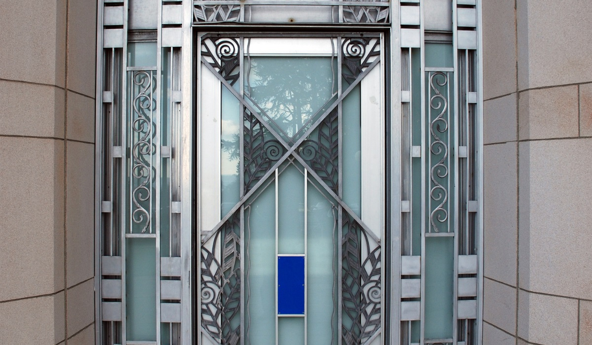 Art deco building door - geometric designs - jewel tones