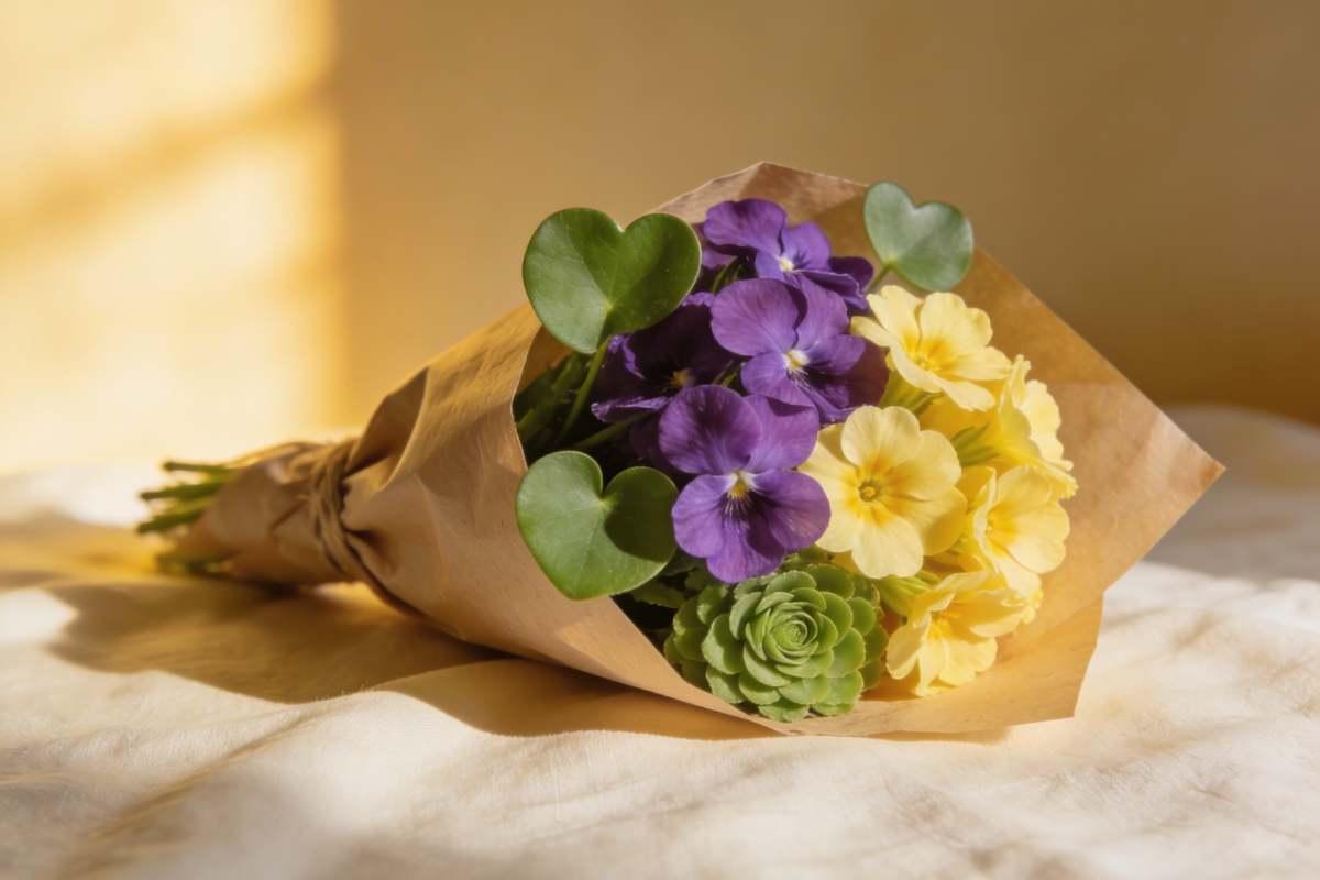 A hand-tied posy of purple violets and yellow primroses wrapped in kraft paper