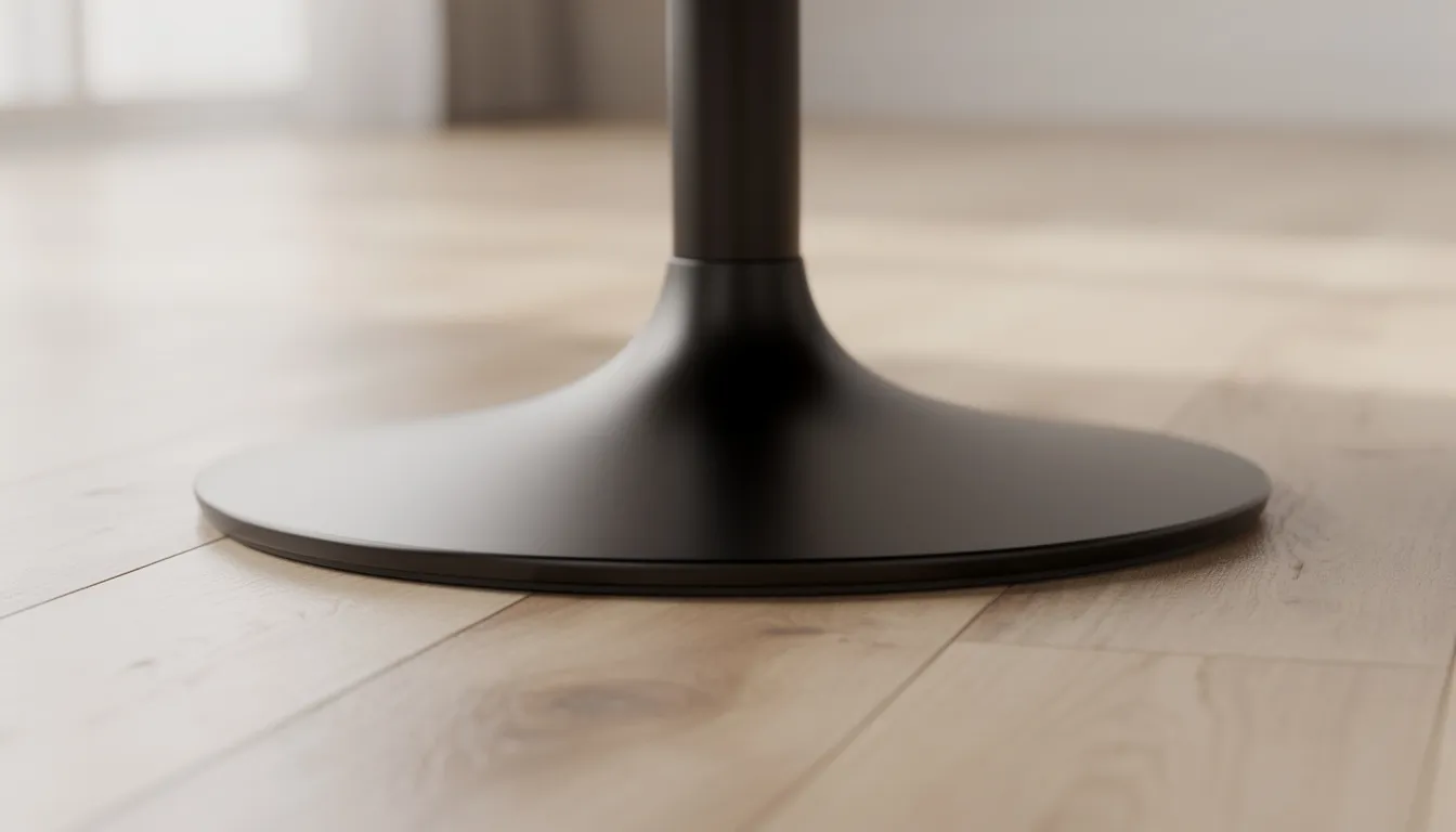 Närbild av en snurrstol med en bas i svart metall och trumpetfot, som står på ett ljust trägolv. Bilden visar detaljerna av stolen, inklusive sitsens tyg och design, vilket ger en känsla av stil och elegans.