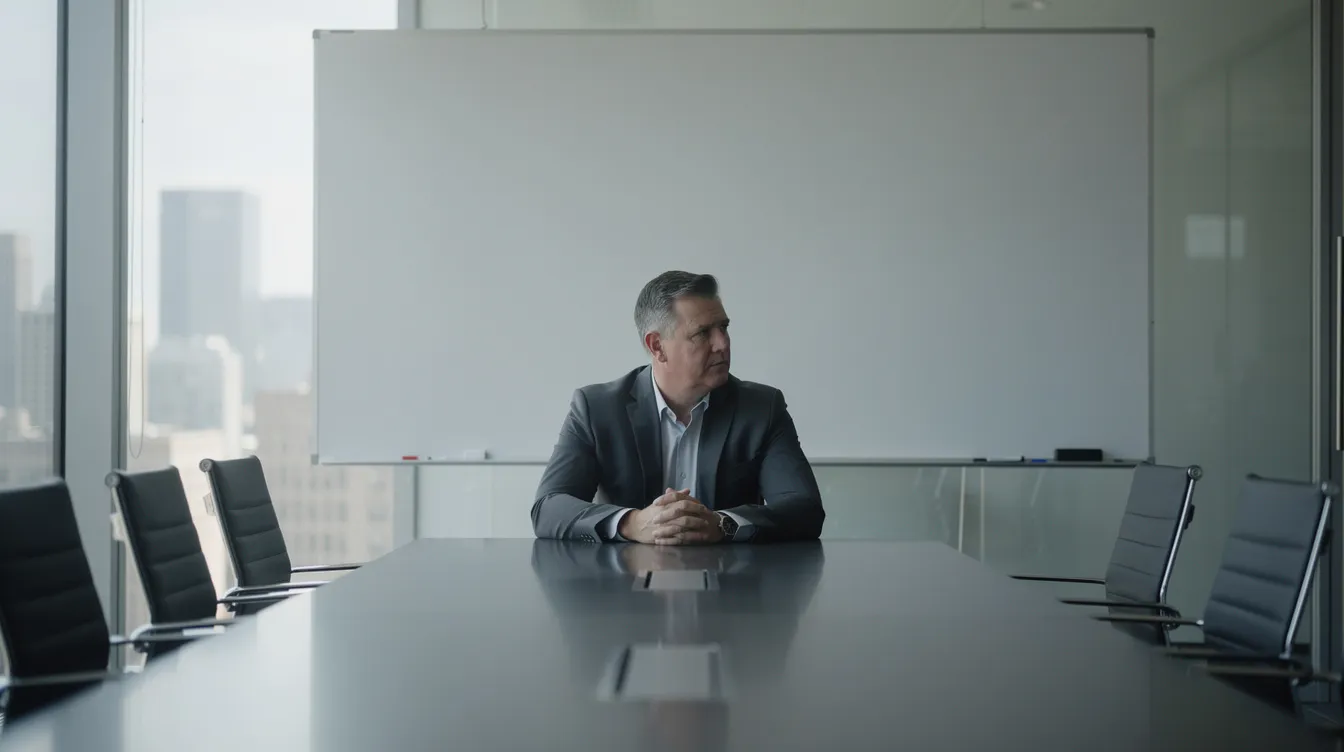 Un manager assis seul dans une salle de réunion moderne, regardant pensivement un tableau blanc vide derrière lui. Cette image évoque des réflexions sur le développement personnel et les obstacles liés à l'auto sabotage dans la vie professionnelle.