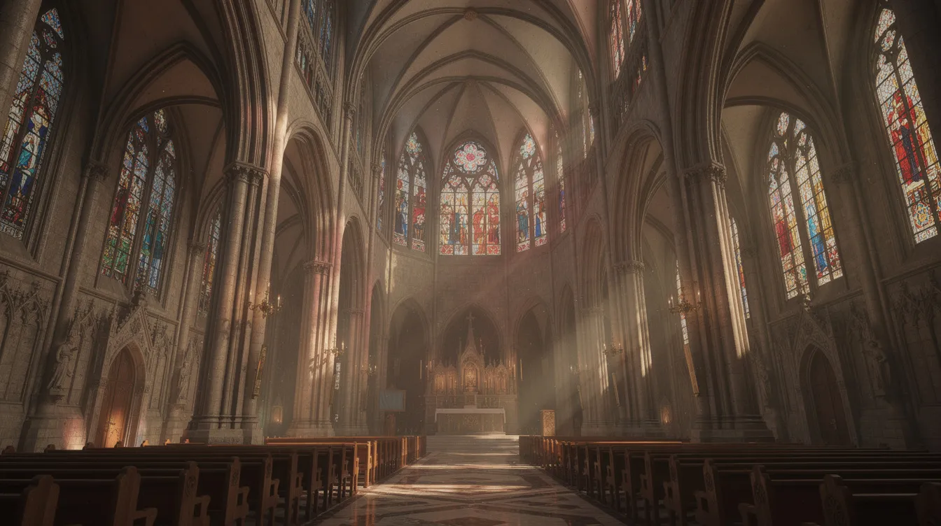 Der Innenraum einer gotischen Kathedrale zeigt hohe Spitzbögen und prächtige Buntglasfenster, die das Licht in farbenfrohen Mustern brechen. Diese architektonischen Merkmale sind charakteristisch für die Kunst des Mittelalters und verleihen dem Raum eine majestätische Atmosphäre.