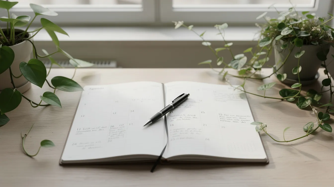 Une image montre un agenda ouvert sur un bureau minimaliste, accompagné d'un stylo, le tout entouré de plantes vertes. Cet espace de travail épuré évoque un environnement propice à la concentration et à la confiance en soi au travail.