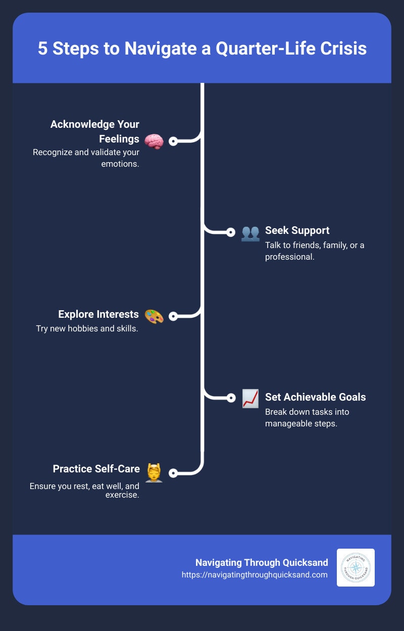 infographic detailing 5 steps to steer a quarter life crisis - how to steer a quarter life crisis infographic infographic-line-5-steps