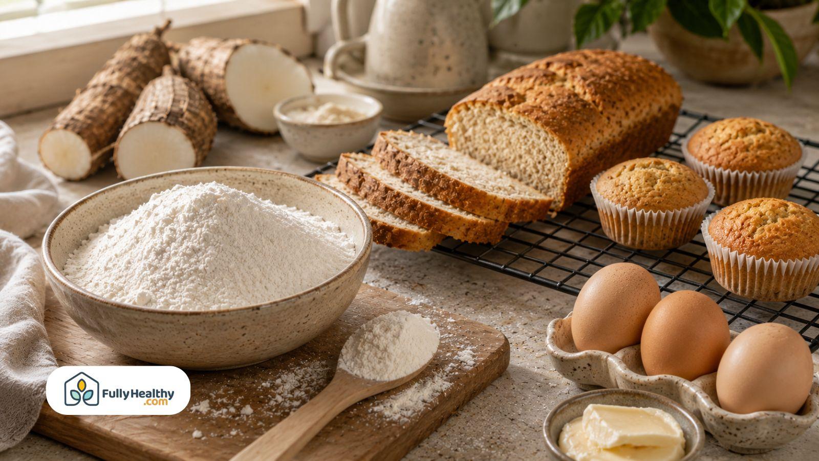 Cassava flour with fresh bread muffins eggs and baking ingredients