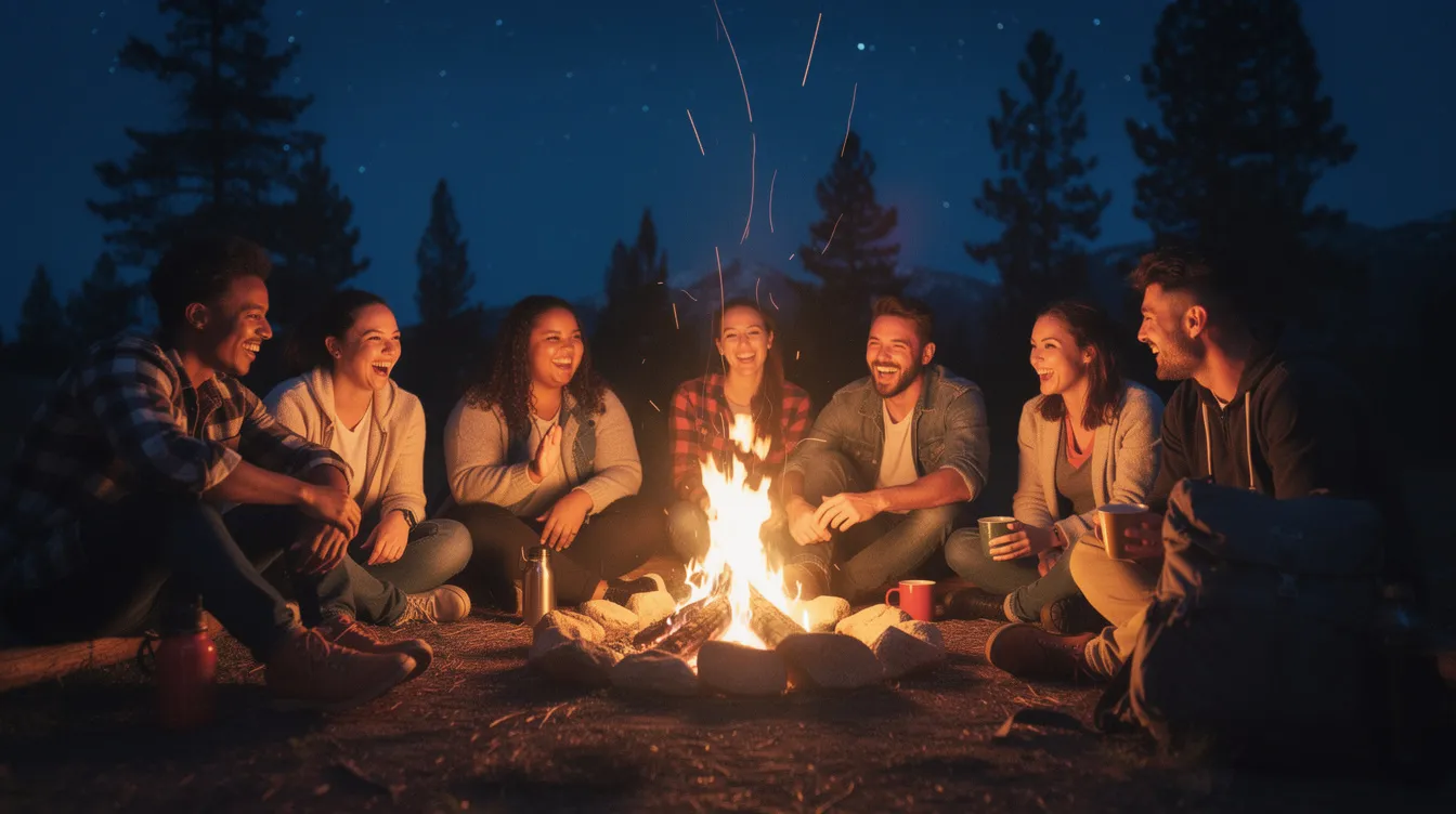 A group of friends is joyfully laughing and sharing stories around a warm, glowing campfire during a cozy backyard bonfire party at night. They are seated comfortably on chairs, with blankets and snacks like s'mores ingredients, creating a memorable atmosphere filled with warmth and camaraderie.