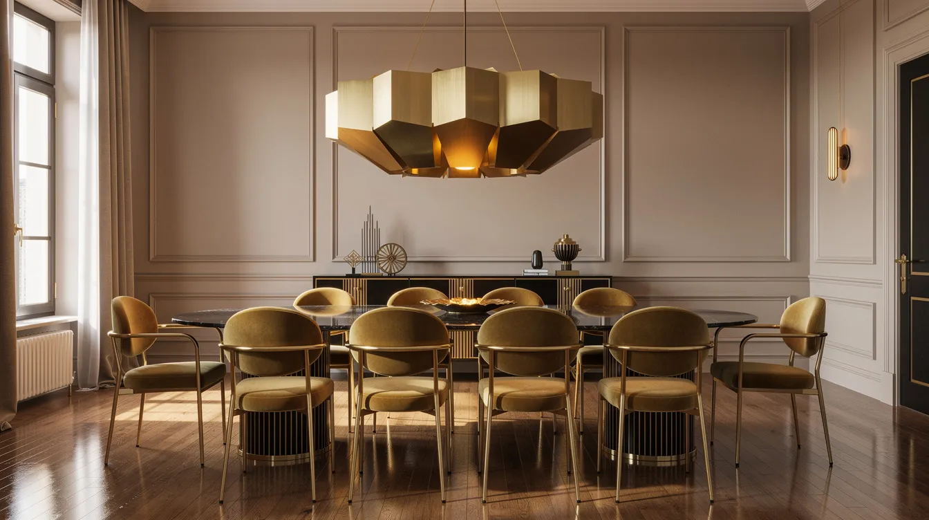 Een elegante eetkamer in art deco stijl met een ovale tafel omringd door goudkleurige stoelen. Boven de tafel hangt een grote hanglamp met geometrische vormen, die een luxe uitstraling en een sfeervolle ambiance creëert.