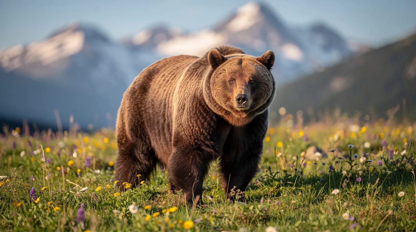 A majestic grizzly bear stands in a vibrant mountain meadow, surrounded by colorful wildflowers under a clear sky. This scene highlights the beauty of bear country, reminding outdoor enthusiasts of the importance of carrying bear spray for safety while hiking or camping in national parks.