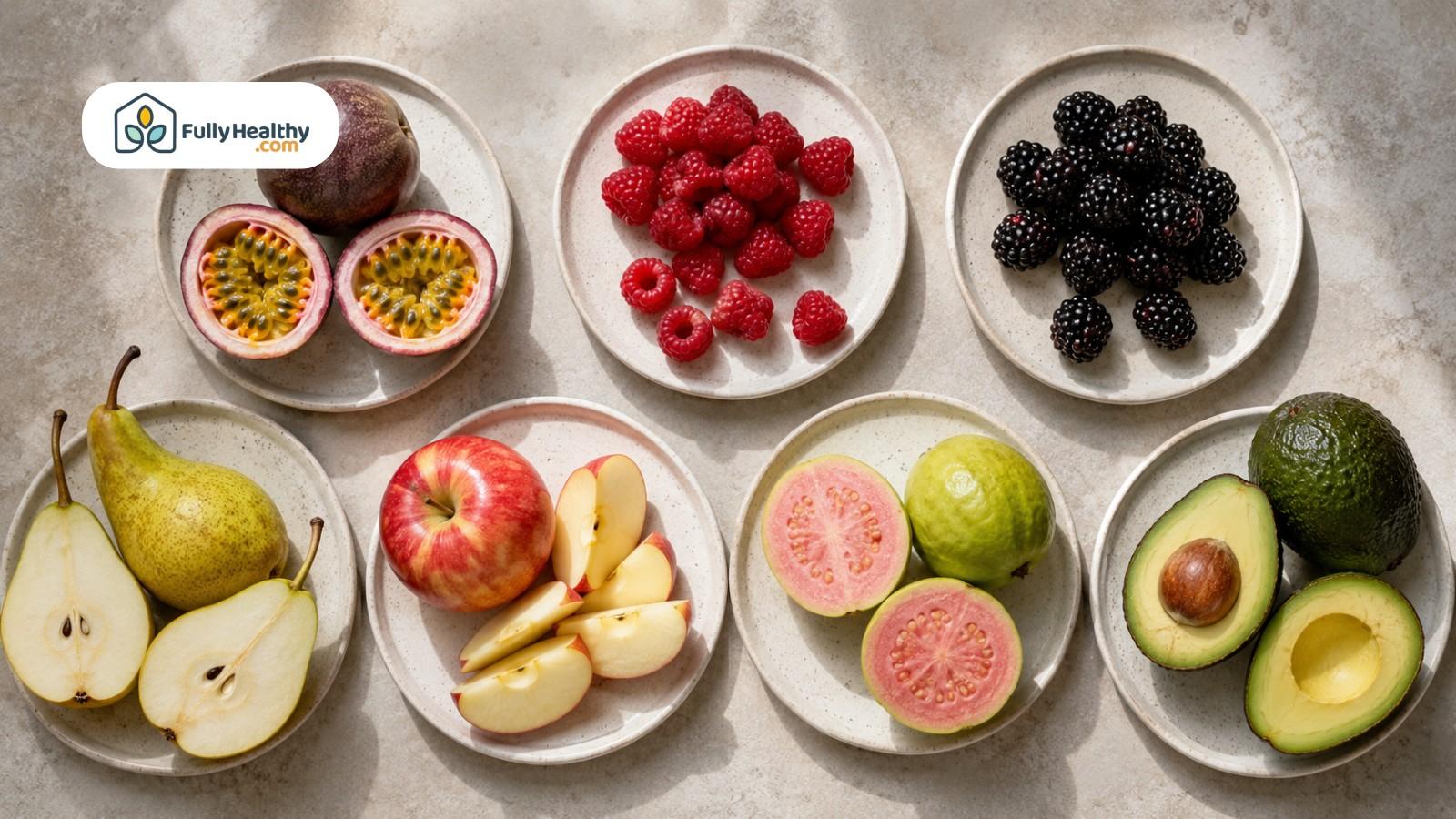 Overhead fruit portions with passion fruit, berries, pears, apples, guava, and avocado