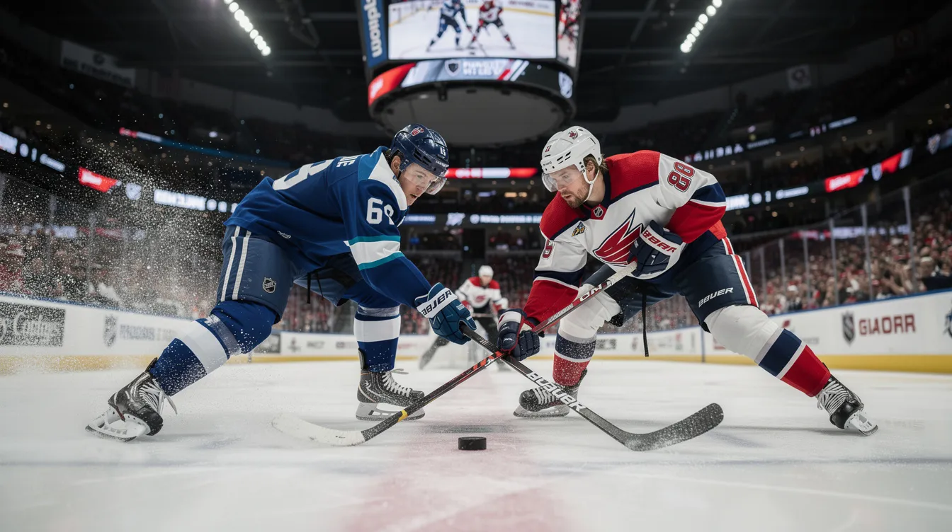 I en intensiv NHL-match på isen kämpar spelare från Tampa Bay Lightning och Toronto Maple Leafs om att vinna Stanley Cup. Publiken hejar entusiastiskt medan spelarna visar upp sina färdigheter och taktiska drag.