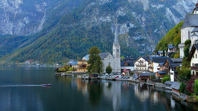 hallstatt, church, lake