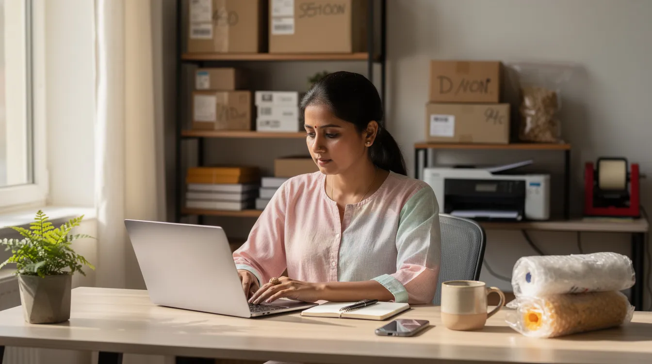 875db91e 46a5 4907 a0c6 8c43ab96ca3e An Indian woman is focused on her laptop at a home desk, surrounded by a small business setup that includes items suggesting various business ideas for women entrepreneurs, such as digital marketing services and online tutoring materials. The scene highlights the potential for women to thrive in home businesses with minimal investment.