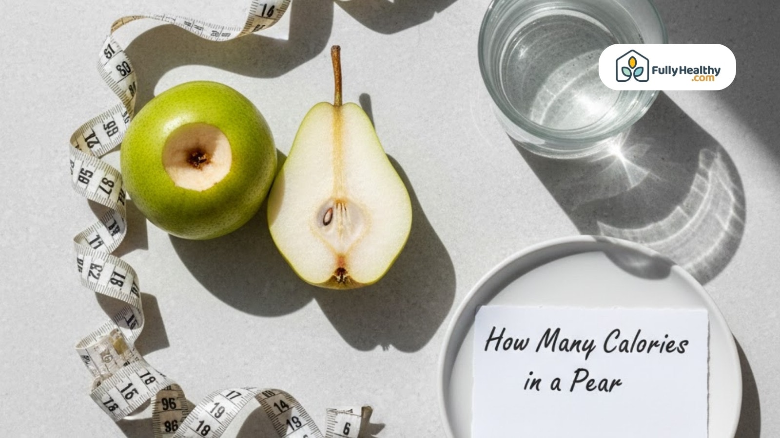Whole and sliced pear beside measuring tape and calories note