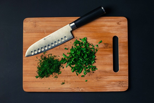 cutting board, knife, chopped