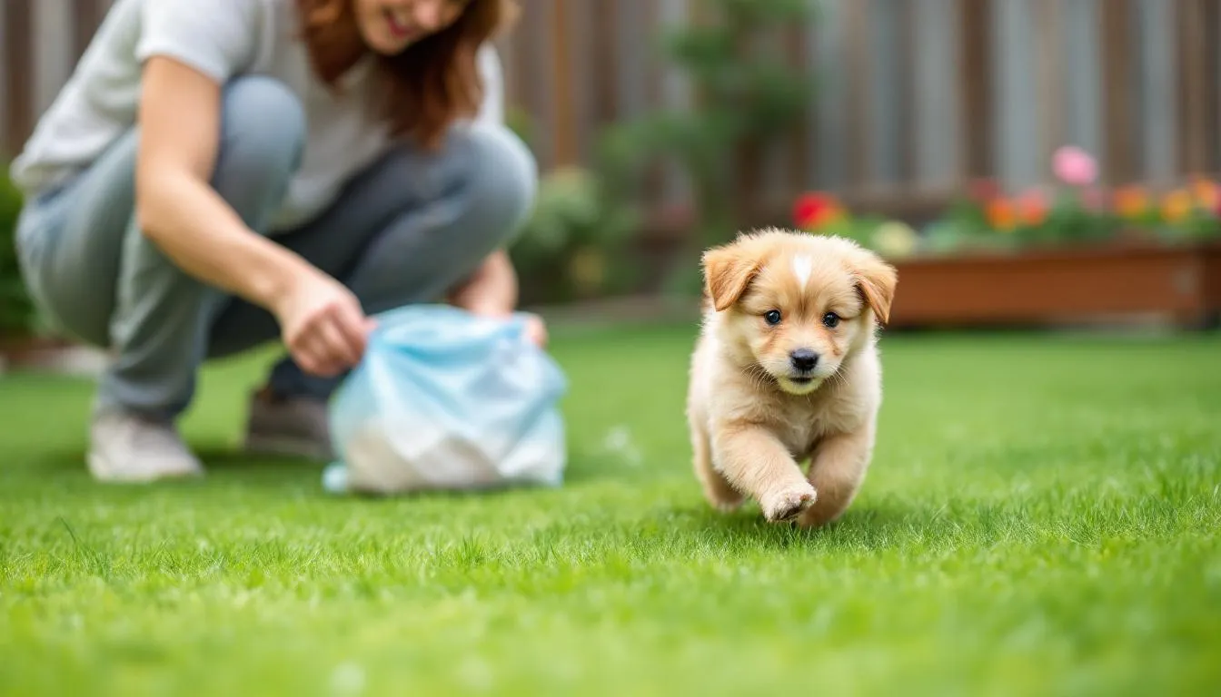 In a clean yard, a young puppy playfully explores while its owner is busy cleaning up waste, ensuring a healthy environment. The sweet smell of puppy breath fills the air, reflecting the pup