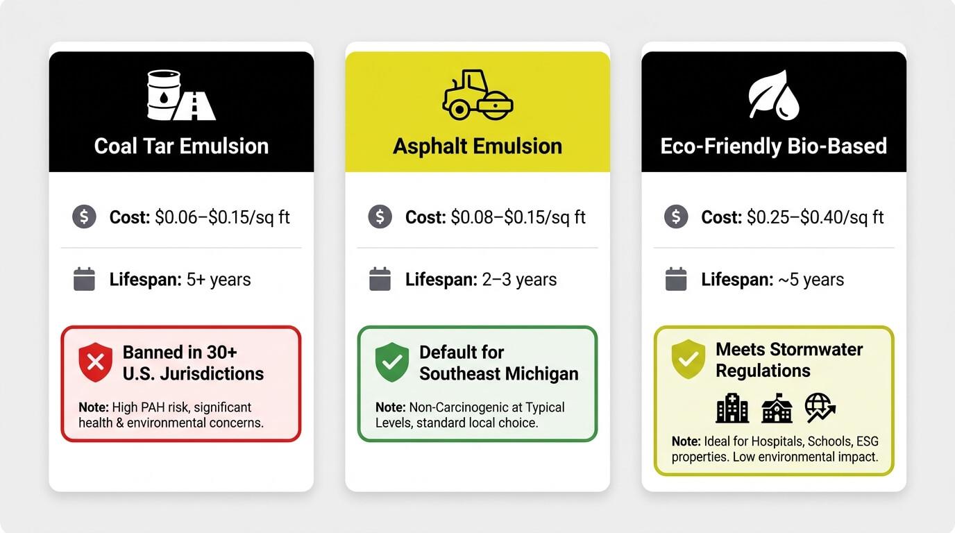 Comparing the Cost and Risk of Coal Tar vs. Asphalt Emulsion vs. Eco-Friendly Sealer