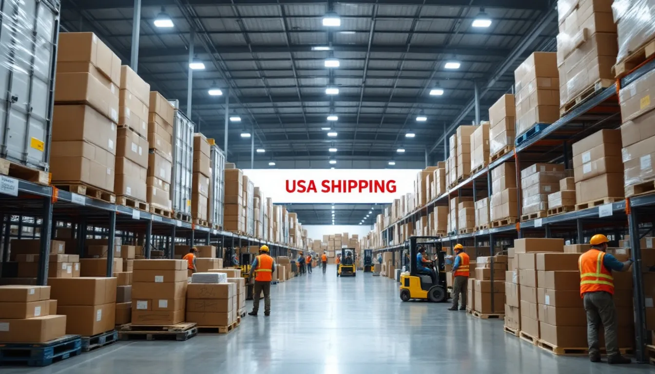 The image depicts a shipping label prominently featuring details about a package destined for Guyana, illustrating the USA shipping experience. It includes elements such as package dimensions and references to international shipping methods, emphasizing the connection between the United States and countries like British Guiana and Venezuela.