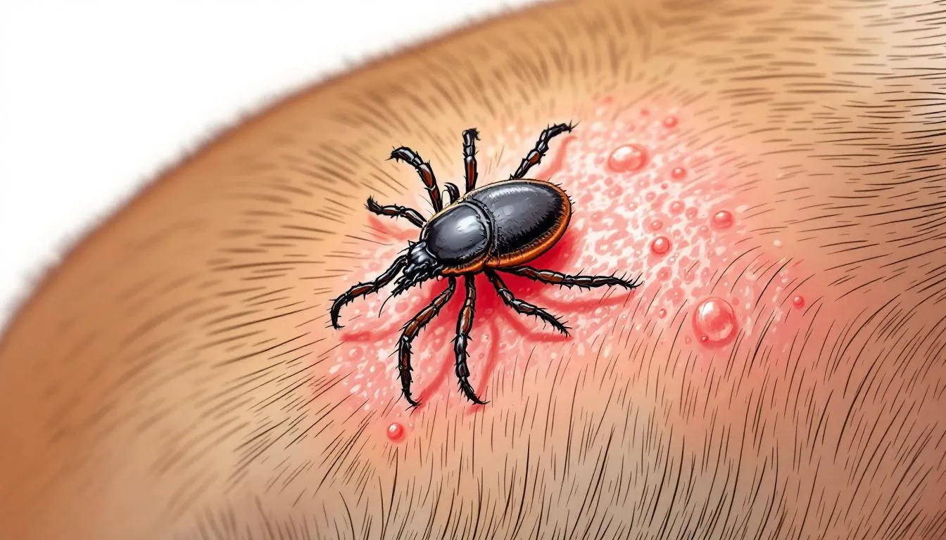 In the image, a close-up view shows a tick
