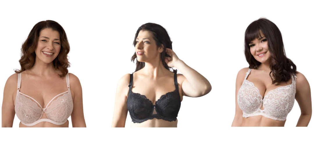 Models wearing Ewa Michalak BM Balconette Polish Bras in Pink, Black, White colors