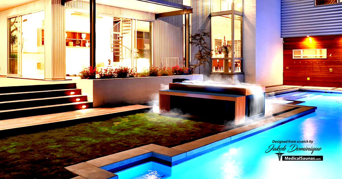 An image of a Medical Frozen™ cold plunge with ambient lighting in the backyard of a luxury home.