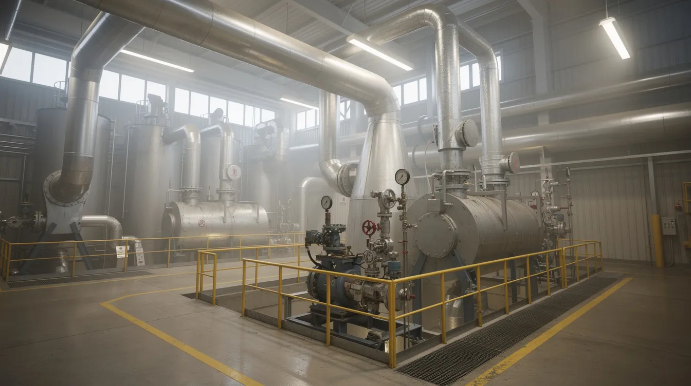 The image depicts an industrial boiler house within a grain processing facility, showcasing large steam pipes and intricate metal ductwork essential for ethanol production. This setup is crucial for the efficient operation of the plant, facilitating the conversion of feedstocks like corn into fermentable sugars and ultimately denatured ethanol.