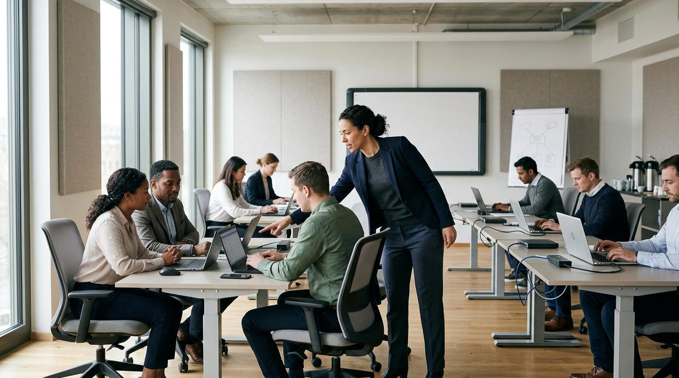 Photorealistic training environment with an instructor guiding a small group of professionals during a live software workshop while learners practice independently on laptops connected to cloud-based virtual desktops.