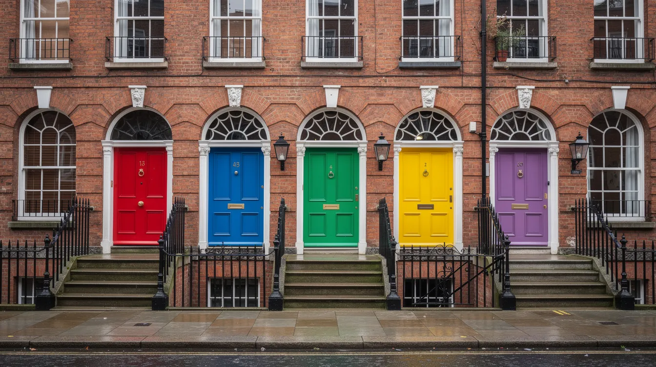 The image depicts a vibrant row of Georgian doors in Dublin city, showcasing a variety of colors against the backdrop of red brick facades and intricate wrought-iron railings. This charming street scene highlights the historical architecture that visitors to Ireland often admire while exploring the capital's unique heritage.
