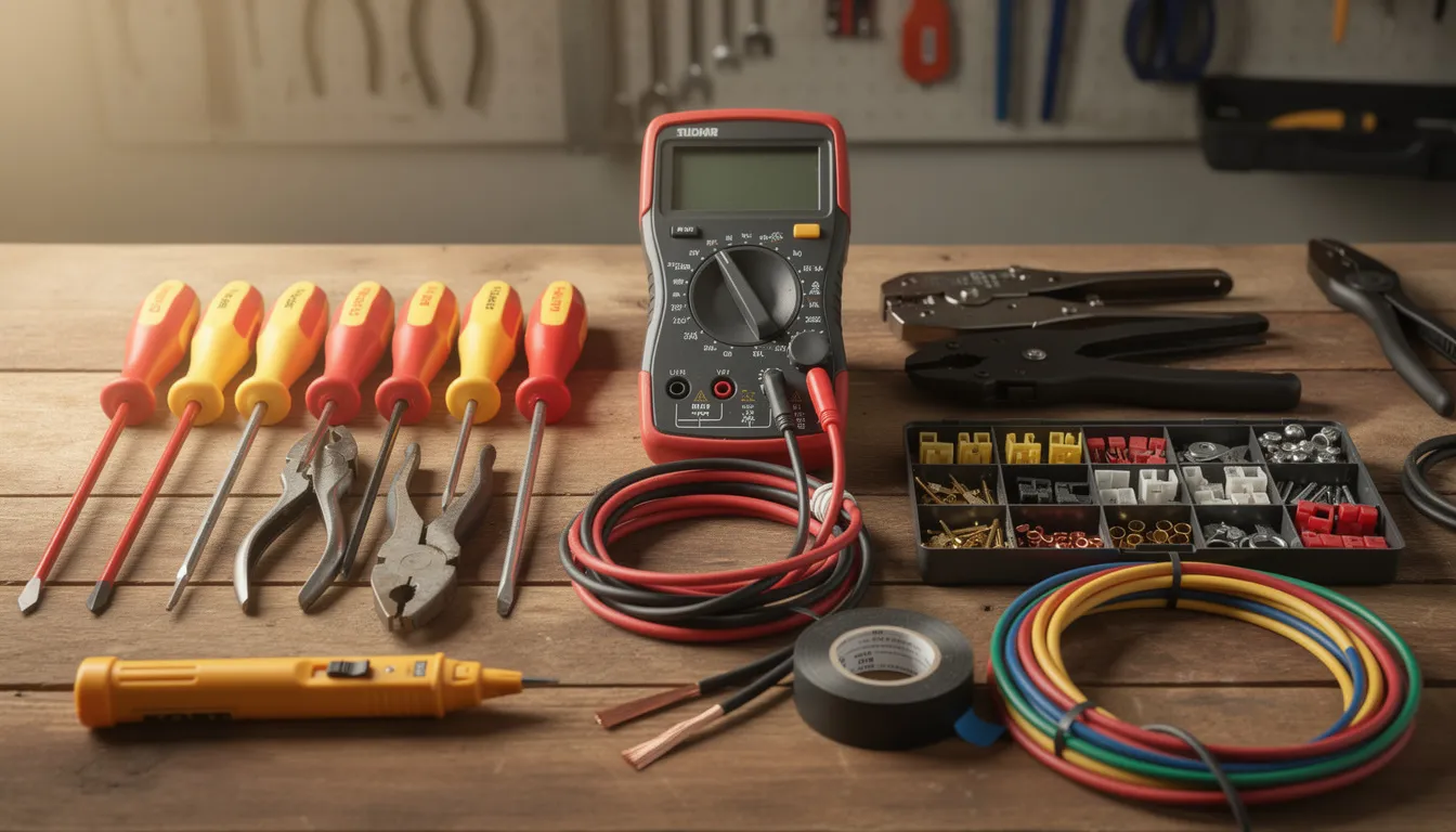 Des outils professionnels d'électricien, tels que des tournevis, des pinces et un multimètre, sont soigneusement disposés sur un établi de travail en bois. Cette image évoque le domaine des travaux d'électricité, illustrant l'expertise nécessaire pour des installations et rénovations sécurisées, notamment à Saint Herblain.