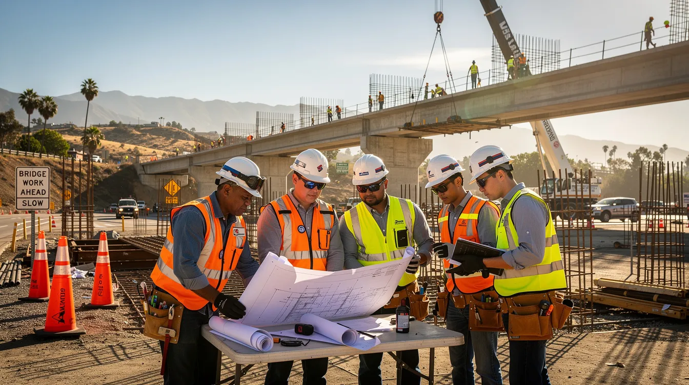 A diverse group of construction apprentices and journeymen collaborate on a bridge infrastructure project in Southern California, showcasing teamwork in the construction industry. The scene reflects the importance of apprenticeship programs and training fund contributions, essential for developing skilled workers in public works contracts.