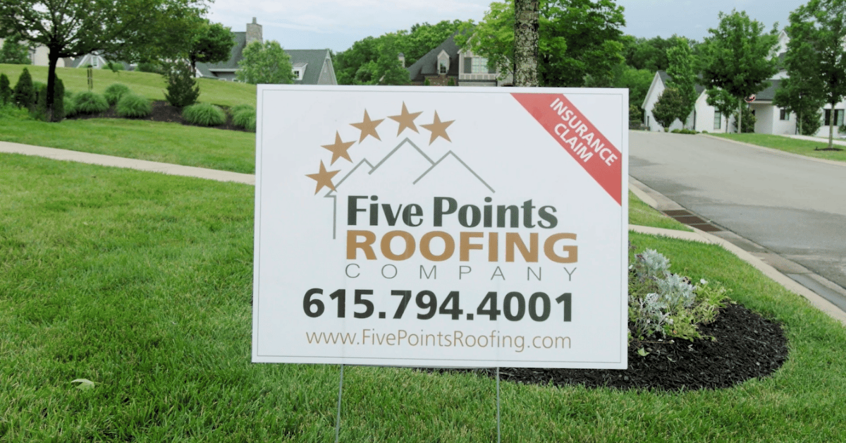 Five Points Roofing Company signage displayed on-site, indicating active roof replacement and insurance claim support for a home in Middle Tennessee.