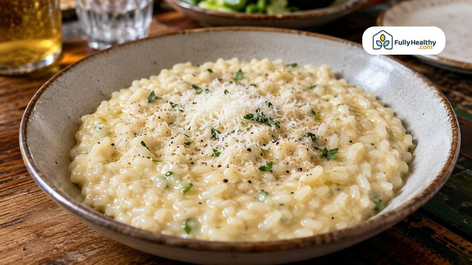 Creamy gluten-free risotto topped with Parmesan, parsley, and black pepper.
