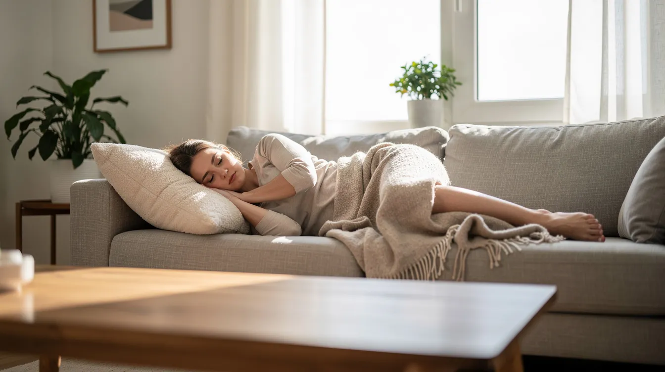 A person is peacefully resting on their side on a soft couch, cradled by a fluffy pillow in a bright and inviting living room. This serene setting suggests a moment of comfort and relaxation, ideal for recovery after a non-surgical cosmetic procedure like a liquid BBL, which often allows for minimal downtime and a smooth healing process.