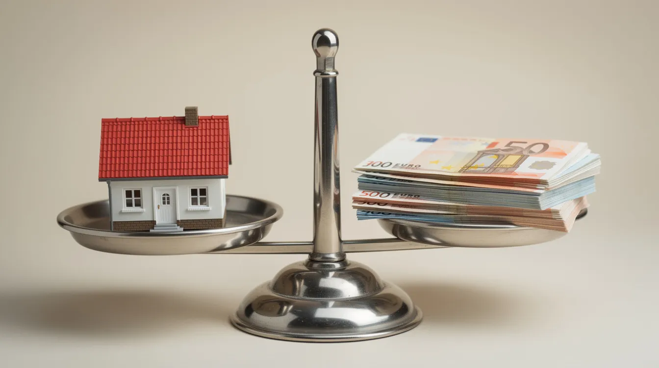Die Waage zeigt auf der einen Seite ein kleines Haus, symbolisch für das Eigenheim, und auf der anderen Seite Geldscheine, die die finanziellen Mittel für den Hauskauf repräsentieren. Diese Darstellung verdeutlicht die wichtige Rolle des Eigenkapitals beim Immobilienkauf und die Balance zwischen Vermögen und Finanzierung.