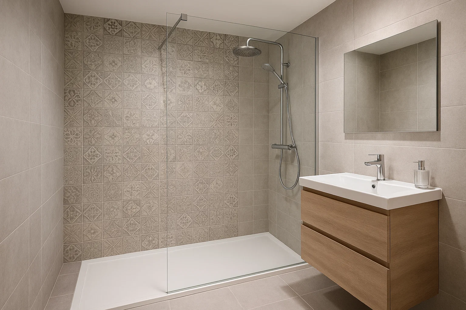 Walk-in shower enclosure with tray and glass screen in a modern family bathroom.