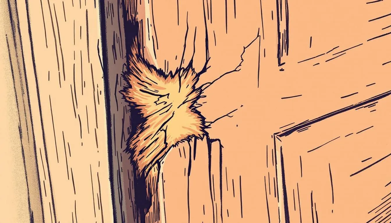 An image showing a damaged door frame with visible cracks and warping, illustrating how to identify the damage.