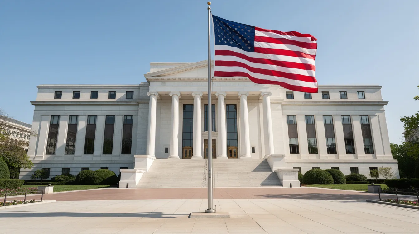 The image depicts the exterior of a federal government building prominently featuring the American flag. This setting symbolizes the government's role in programs like the Employee Retention Credit (ERC) that support eligible businesses during economic challenges.