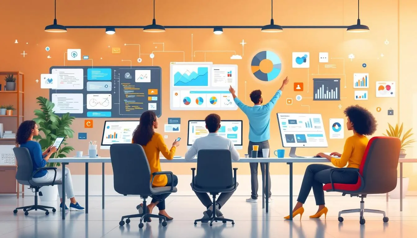 An illustration representing software outsourcing, showing diverse teams collaborating on software projects.