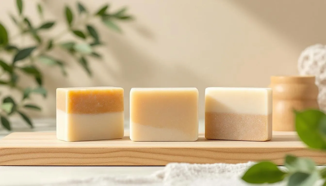Eco-friendly shampoo and conditioner bars displayed in a natural setting.