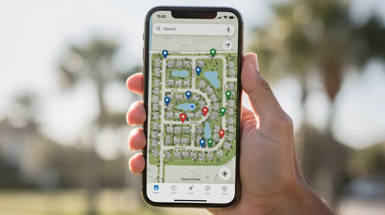 A smartphone is shown displaying a map application with various location pins scattered throughout a central Florida neighborhood, highlighting potential customers for local businesses. This visual represents the importance of local SEO strategies in enhancing visibility and attracting local traffic in search engines.