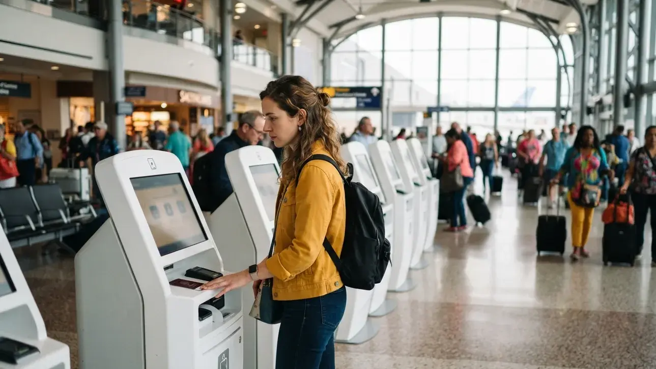 Traveler using an airport kiosk with onward travel documents ready
