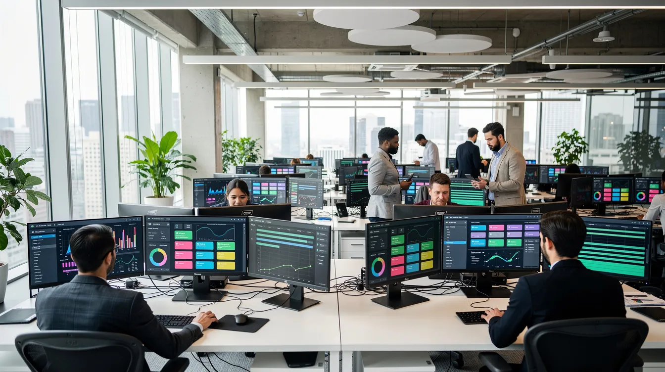 The image depicts a modern open-plan office featuring multiple monitors displaying vibrant dashboard analytics and workflow visualizations, which may represent various business processes and BPMN elements. This environment is designed for business analysts to monitor and manage tasks, subprocesses, and project details effectively.