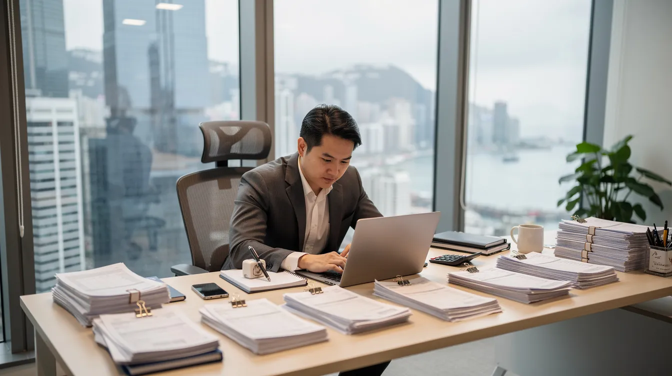 A small business owner is seated at a modern desk in a Hong Kong office, working on a laptop surrounded by stacks of invoices. The scene reflects the dynamic environment of 中小企業 and highlights the importance of efficient financial management and business operations.