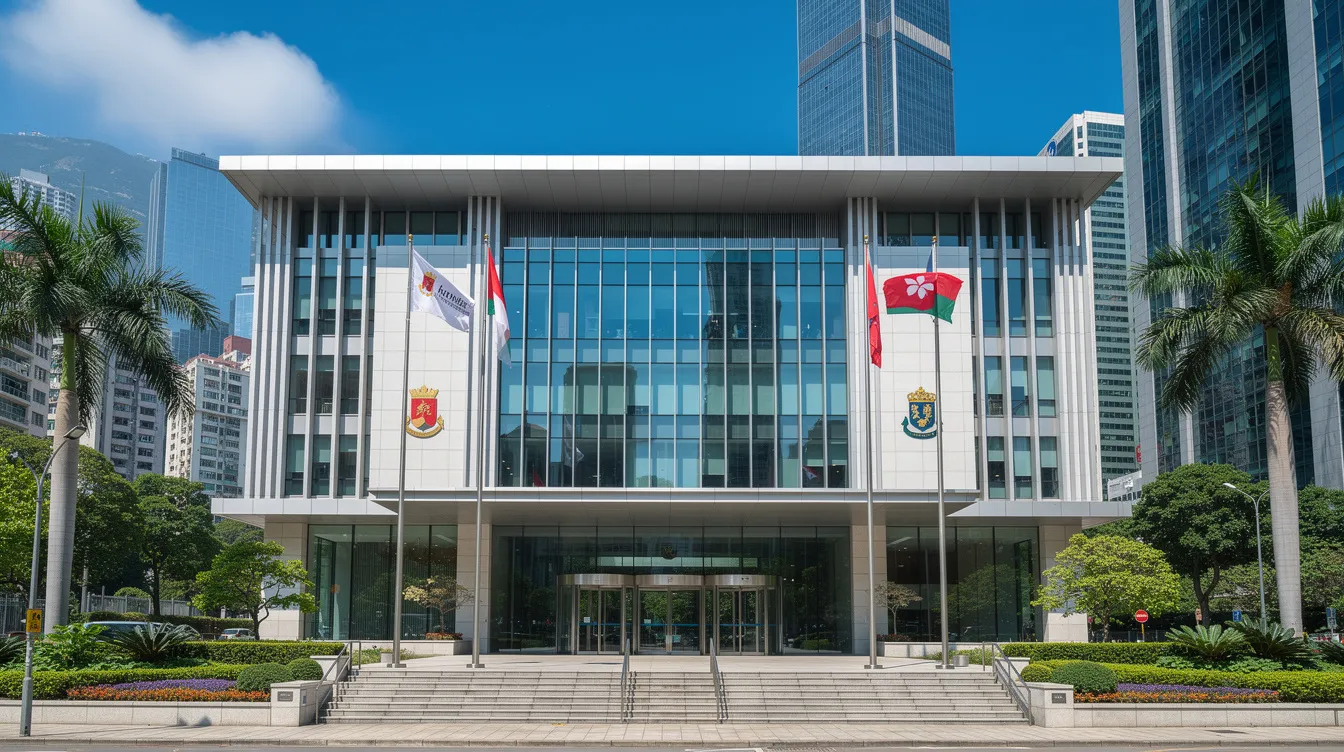 The image shows a modern Hong Kong government building with a sleek architectural design, set against a bright blue sky. The building features large glass windows and a clean, contemporary facade, emphasizing its official and professional appearance.