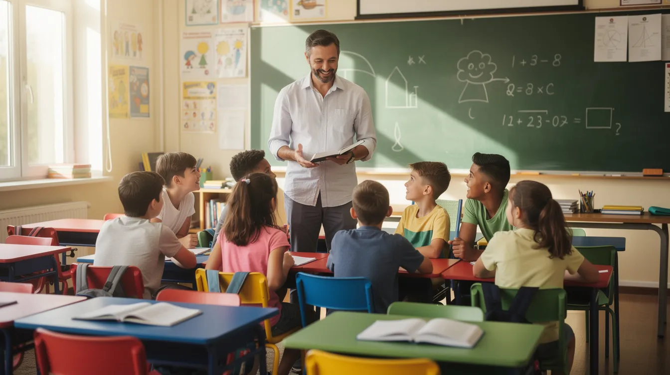 Na obrazku widać nauczyciela rozmawiającego z grupą uczni&oacute;w w klasie szkolnej, otoczonej kolorowymi ławkami i tablicą w tle. Scena ilustruje działania związane z pracą wychowawczą, gdzie nauczyciel wspiera rozw&oacute;j umiejętności i zainteresowań uczni&oacute;w.