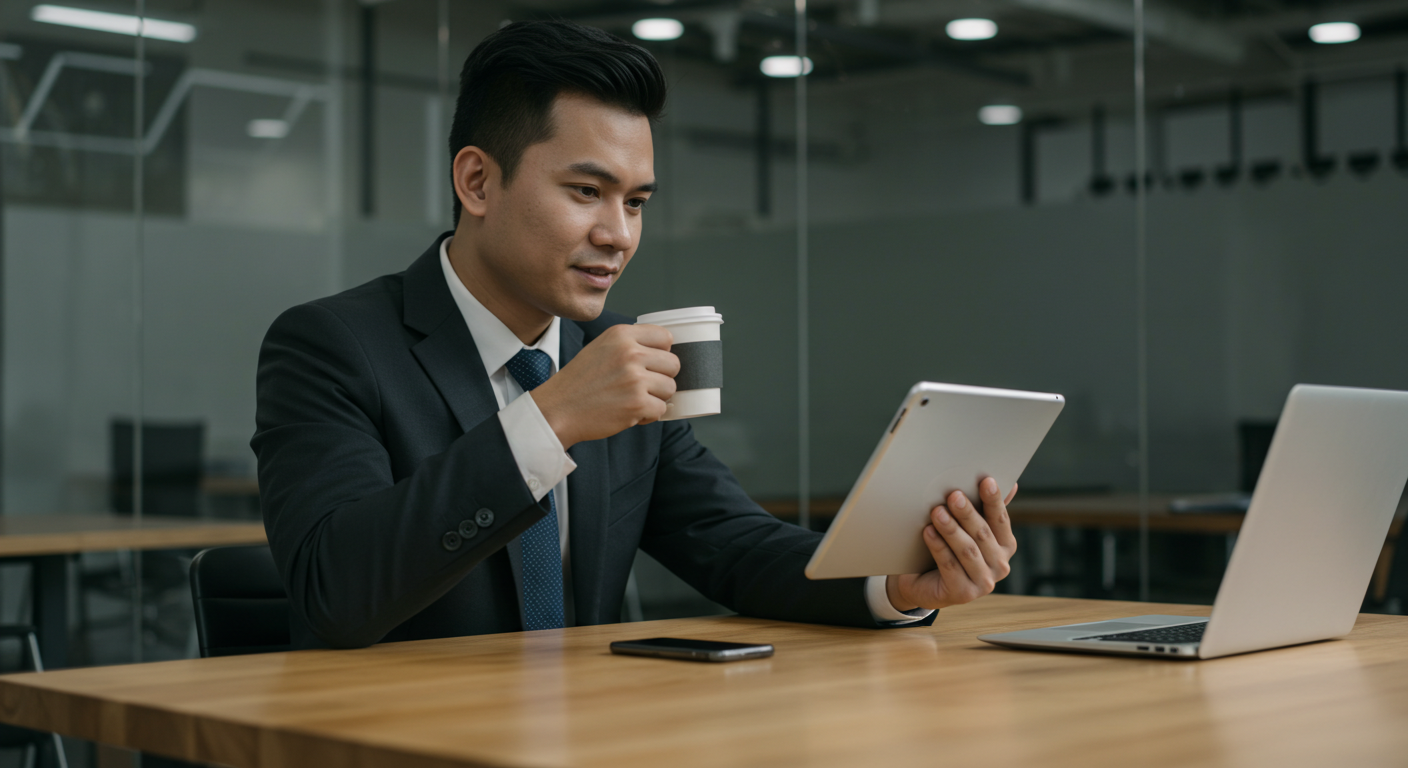 A Brunei business professional reading valuable industry insights on a tablet while enjoying coffee in a modern office