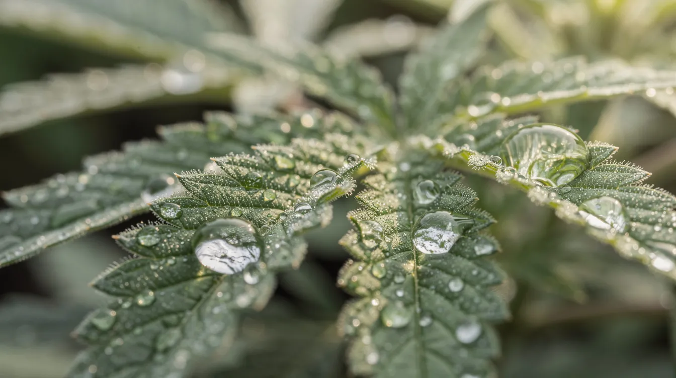 Las gotas de agua brillan sobre las hojas de una planta de cannabis, que resplandecen bajo la luz natural. Esta escena transmite una sensación de frescura y vitalidad, algo fundamental para el crecimiento y el aporte de nutrientes de las plantas de cannabis.