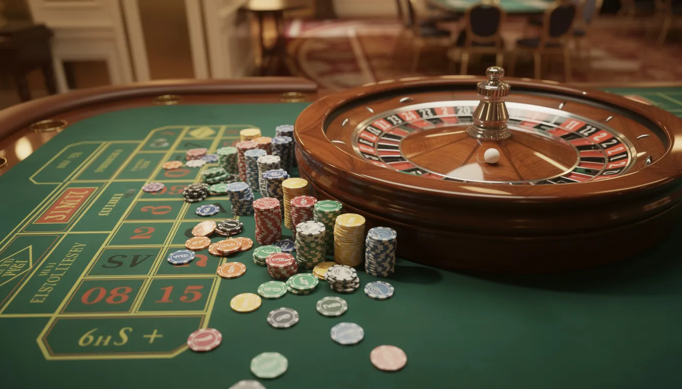 En roulettehjul står centralt på ett grönt casinobord, omgiven av färgglada spelmarker som representerar insatser. Denna bild fångar atmosfären av spänning och underhållning som erbjuds hos Casilando, där spelare kan njuta av olika bordsspel och en välkomstbonus.