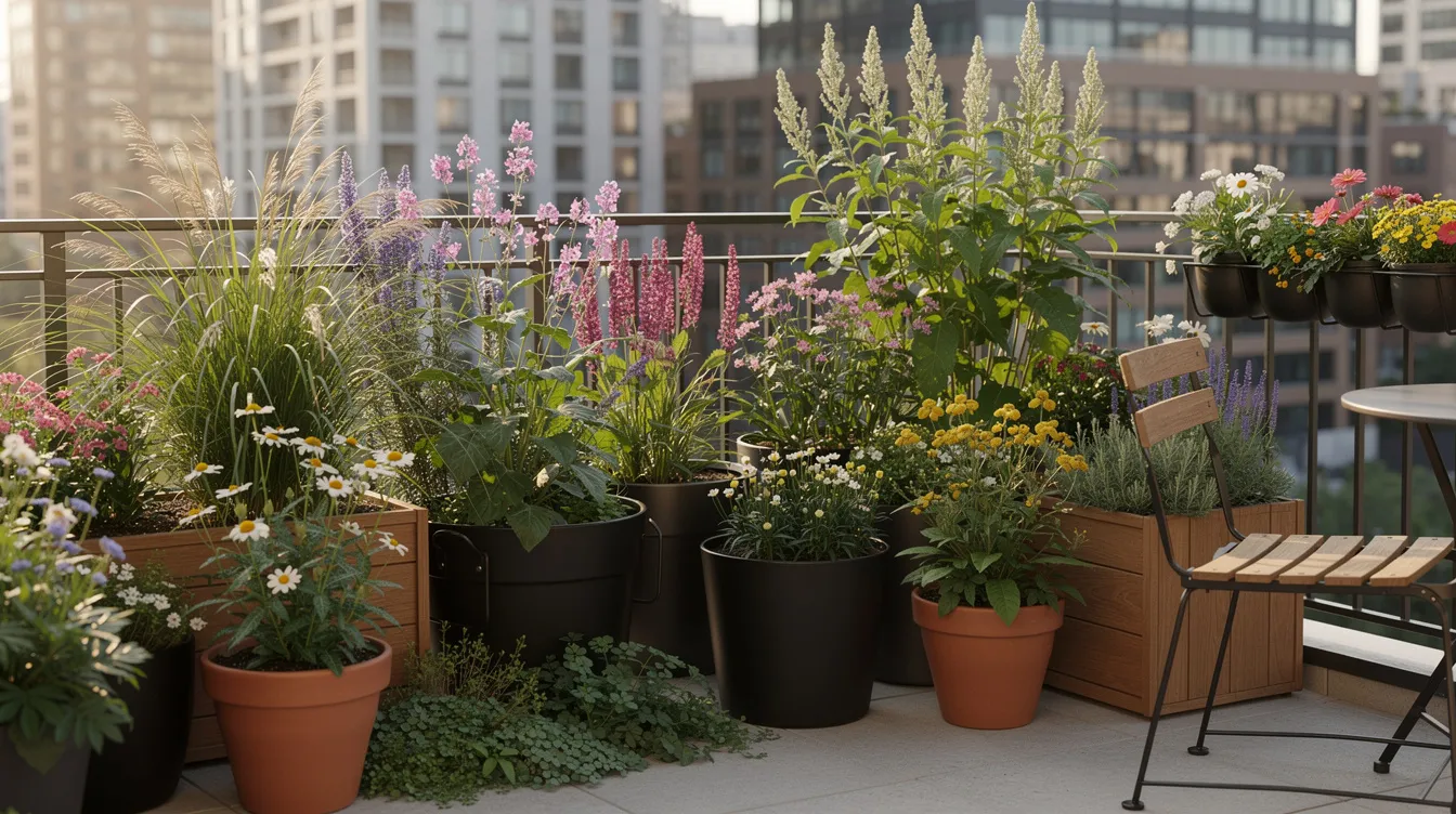 Ein urbaner Balkon ist mit verschiedenen Stauden in unterschiedlichen Pflanzgefäßen dekoriert, darunter Ziergräser wie Riesen Federgras und Lampenputzergras. Die Pflanzen bieten eine Vielfalt an Farben und Strukturen, die dem Raum eine lebendige und einladende Atmosphäre verleihen.