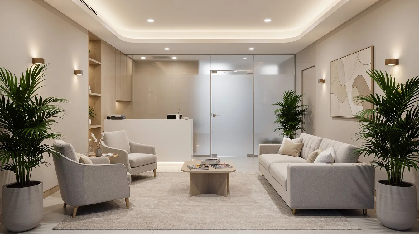 The image depicts a modern medical spa waiting room featuring comfortable seating arranged in a calming layout, with soothing neutral tones that create a tranquil atmosphere for patients awaiting their cosmetic procedures, such as butt augmentation or non-surgical butt lifts.