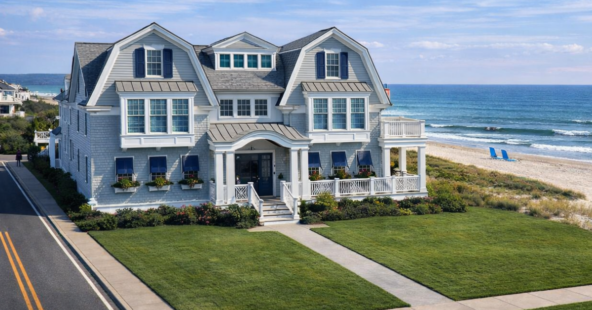 Luxury coastal vacation home in Margate City, NJ, featuring classic shore architecture, manicured lawn, sidewalk access, and direct ocean views behind the property.
