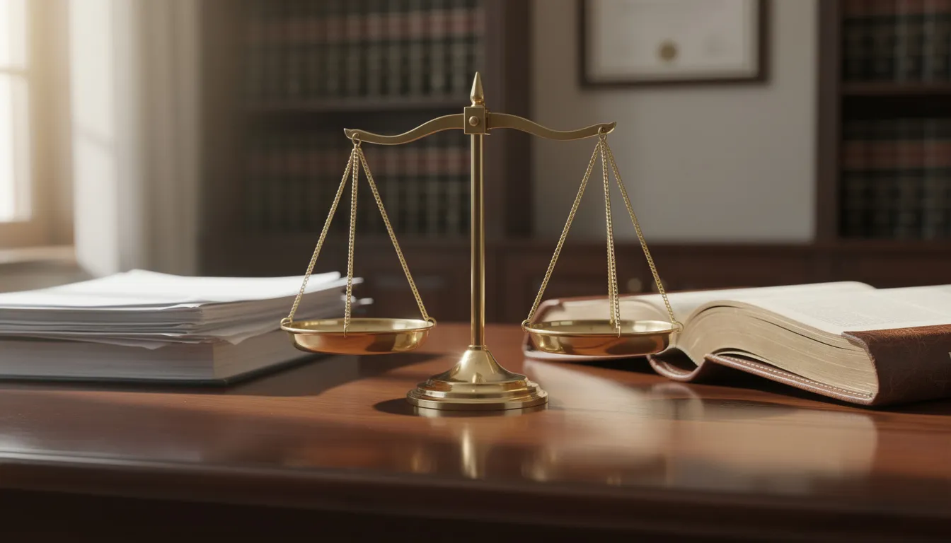 The image depicts a set of scales of justice resting on a polished wooden desk, symbolizing the fair resolution of disputes in workers compensation cases. This professional setting reflects the environment where administrative law judges make important decisions regarding workers compensation benefits and claims related to work-related injuries.